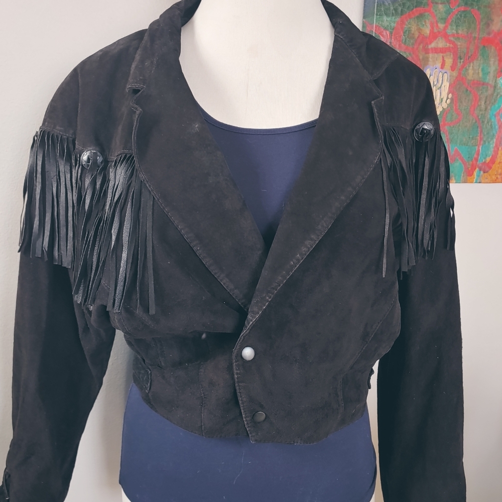 Vintage Chia Suede Crop Western Moto Fringe Jacket
